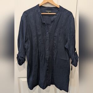 FOR CYNTHIA Womens 100% Linen Tunic Top Sz XL Navy Blue Pintucks Beach Coastal